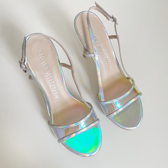 NEW Stuart Weitzman Mondrian 100 Sandal Heel Holographic Silver Aurora Chrome - Picture 5 of 9